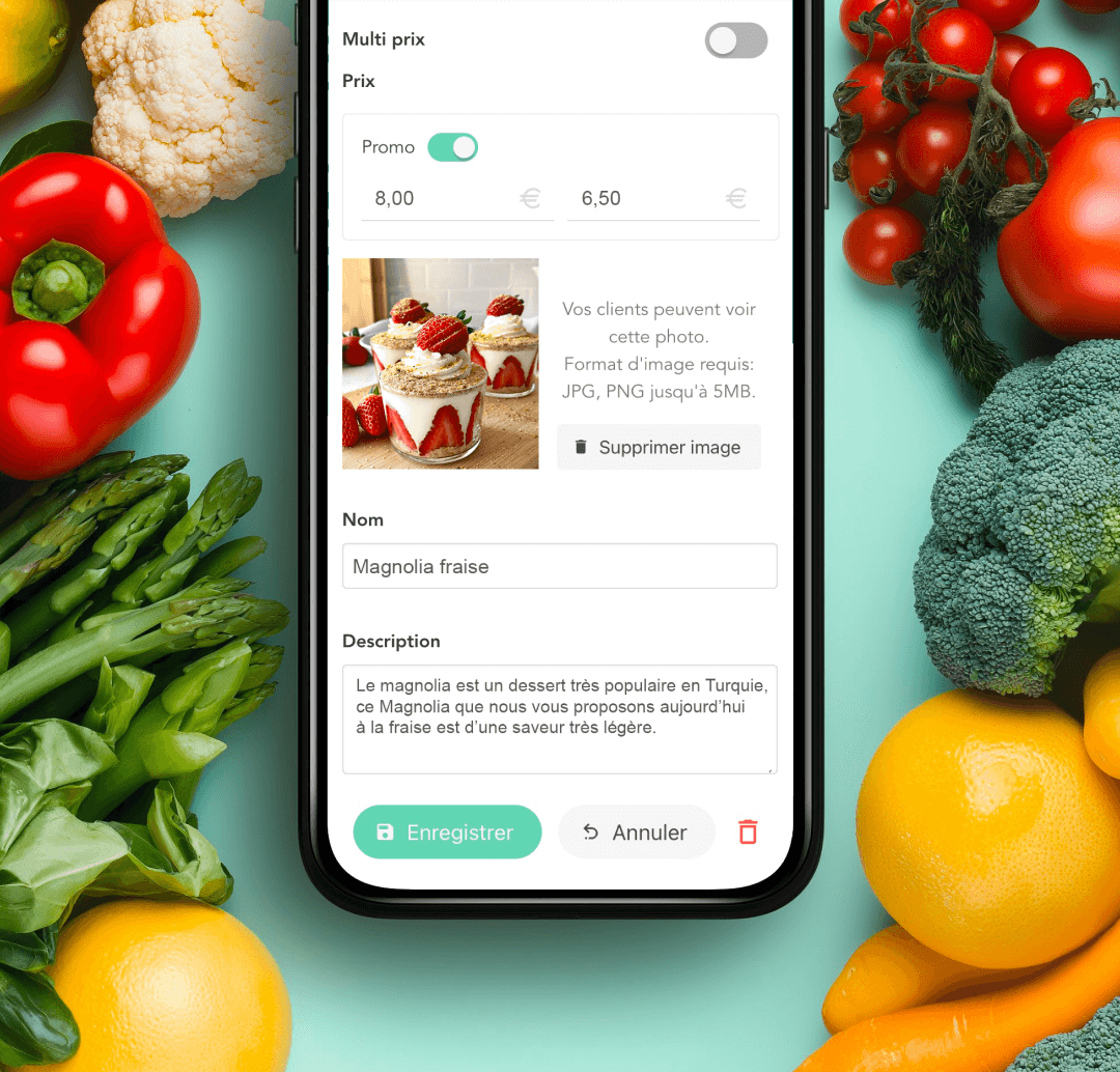 Interface permettant de modifier un menu en temps réel